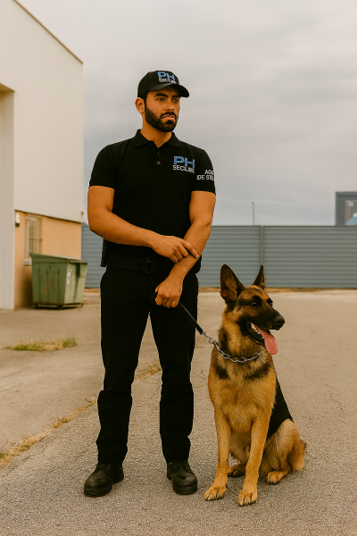 PH Secure sécurise vos zones industrielles et commerciales 24h/24 avec agents de sécurité et maîtres-chiens disponibles à tout moment